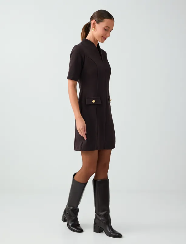 Women Brown Short-Sleeved V-Neck Dress with Pockets