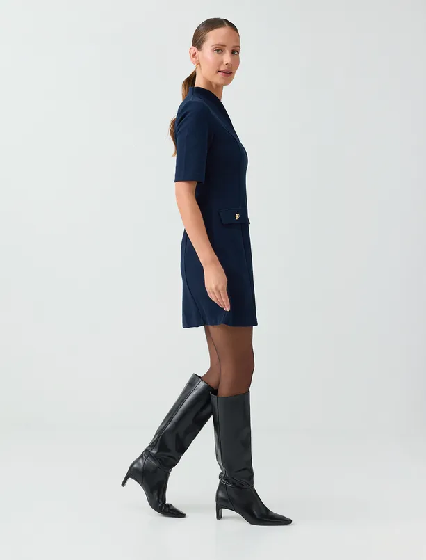 Women Dark Blue Short-Sleeved V-Neck Dress with Pockets