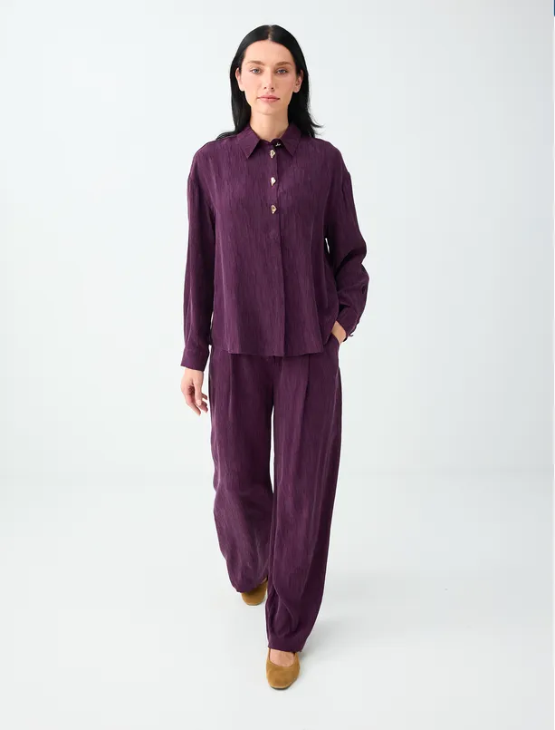 Women Claret Red Off-the-Shoulder Blouse with Metal Button Details