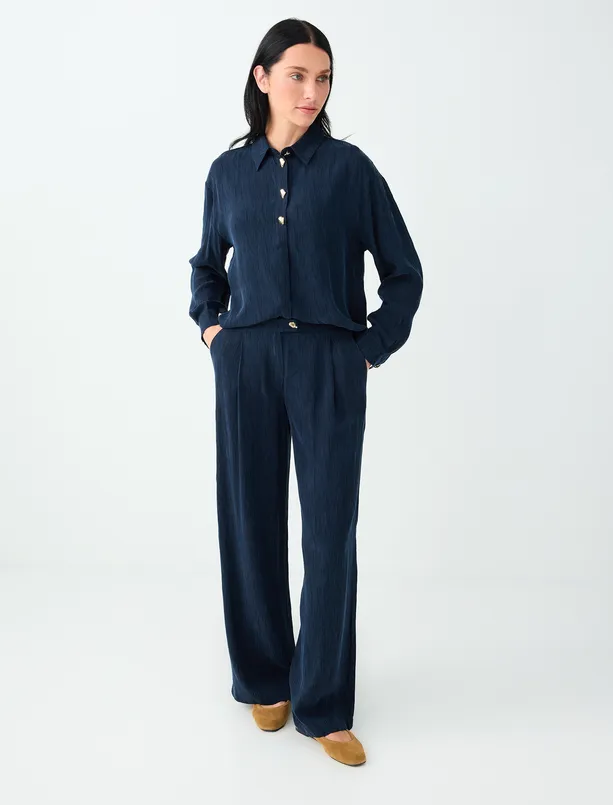 Women Dark Blue Off-the-Shoulder Blouse with Metal Button Details