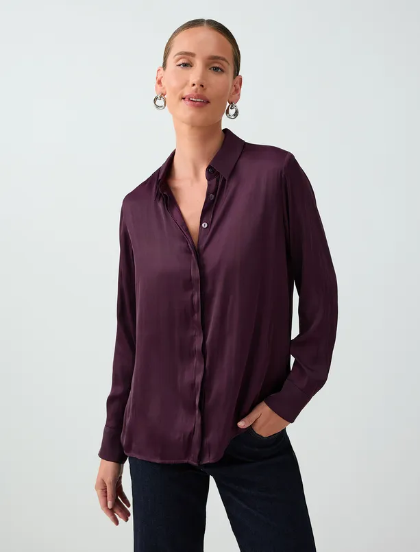 Women Purple Straight-Cut Long-Sleeve Satin Shirt