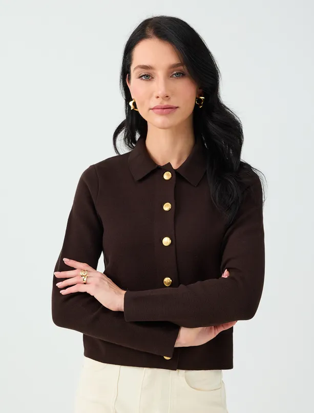 Women Brown Pocketed, Detailed Shirt Collar, Long-Sleeve Knit Cardigan