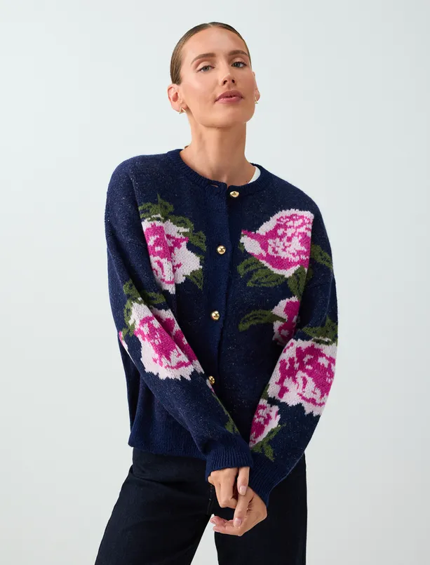 Women  Round-Neck Knit Cardigan with Floral Pattern