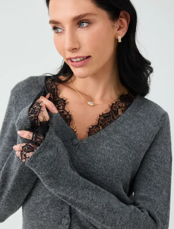 Women  V-Neck Straight-Cut Knit Cardigan with Lace Details