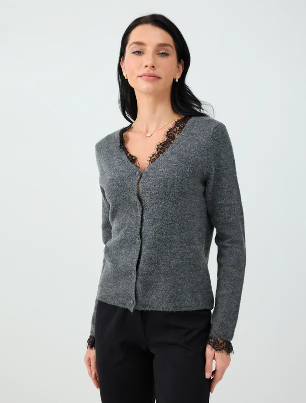 Women Anthracite V-Neck Straight-Cut Knit Cardigan with Lace Details