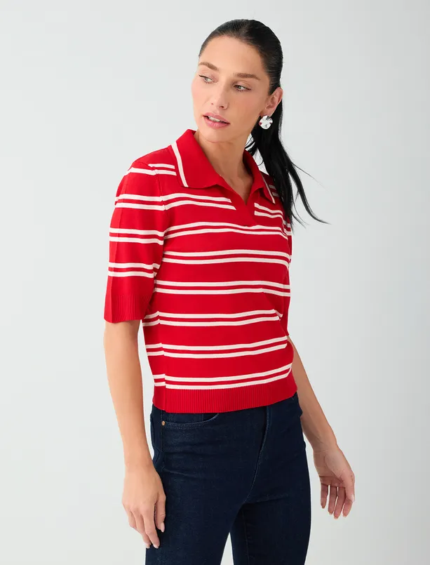 Women  Striped Shirt-Collar Knit Sweater