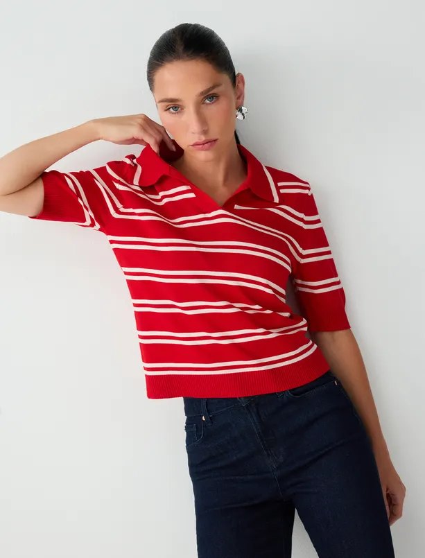 Women Red Striped Shirt-Collar Knit Sweater