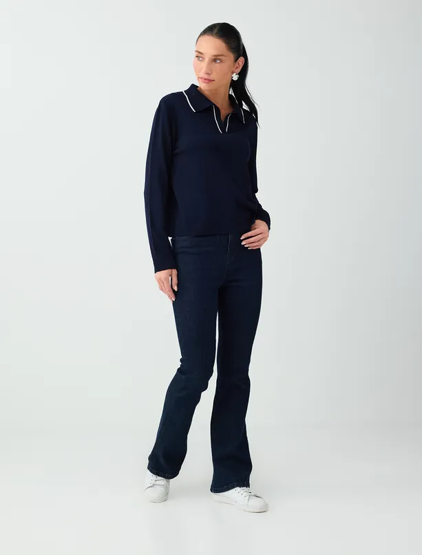 Women Dark Blue Striped, Detailed Polo-Neck Knit Sweater