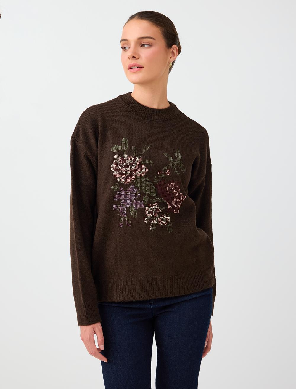 Floral Desenli Kroşe Detaylı Triko Kazak