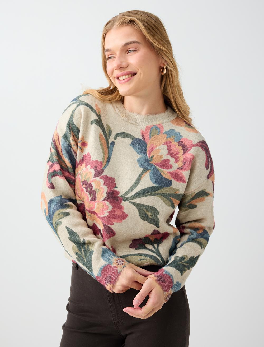 Floral Desenli Bisiklet Yaka Triko Kazak