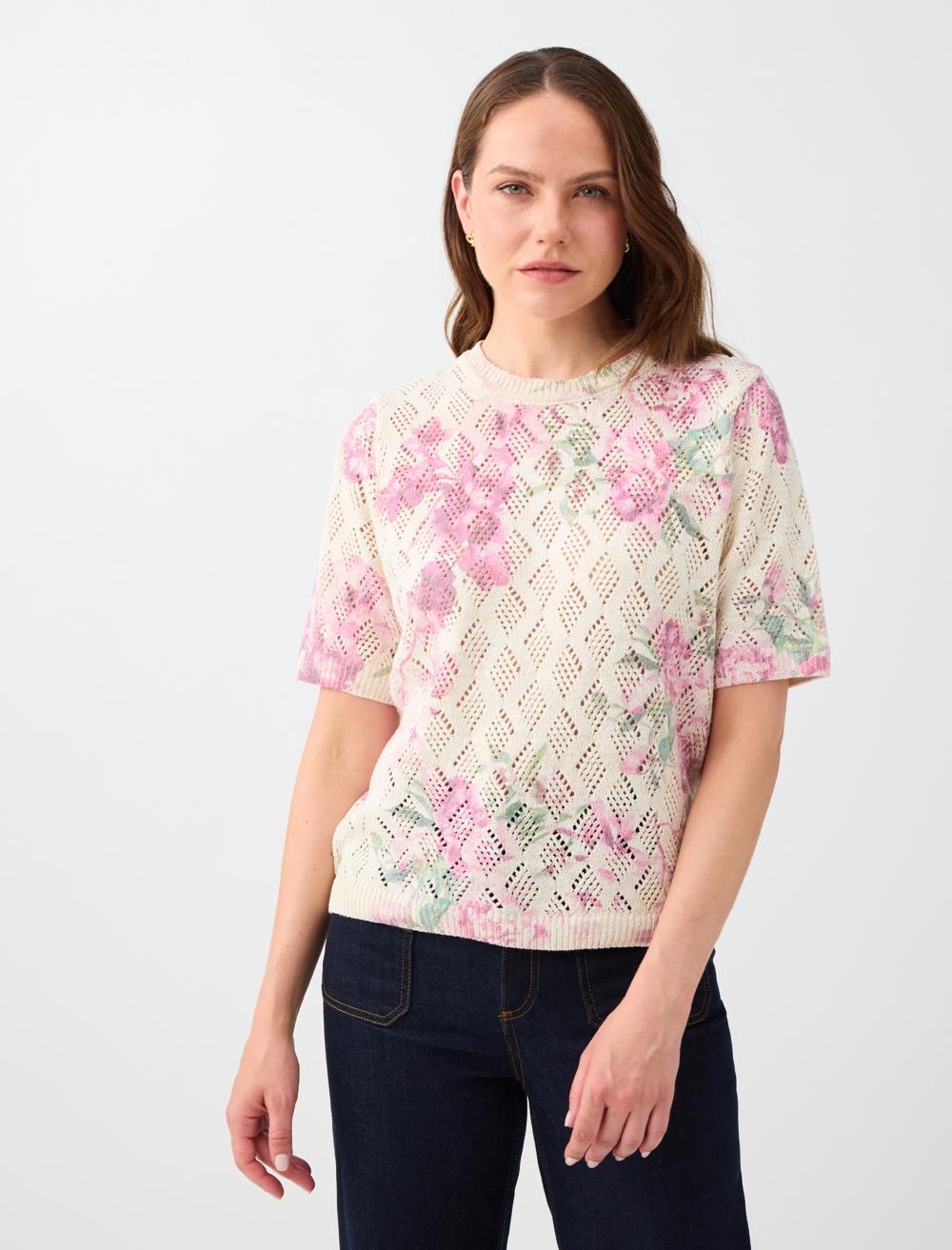 Floral Desenli Yuvarlak Yaka Kısa Kol Triko Kazak