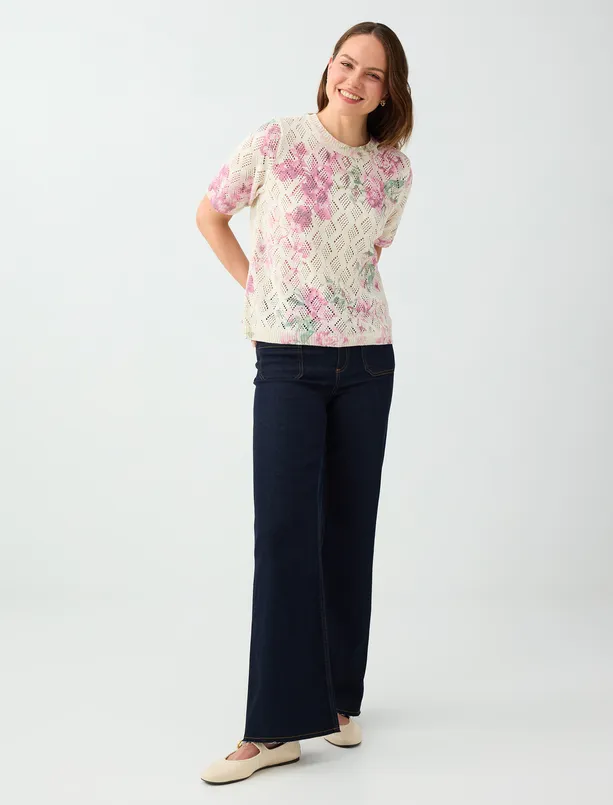 Women White Floral-Print Round-Neck Short-Sleeve Knit Sweater