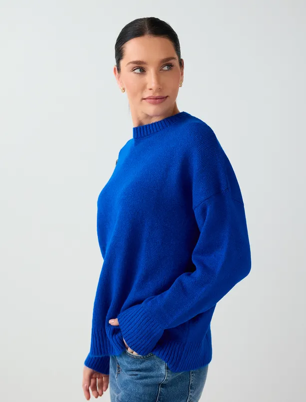 Women Blue Crew Neck, Relaxed Fit, Long-Sleeve Knit Sweater