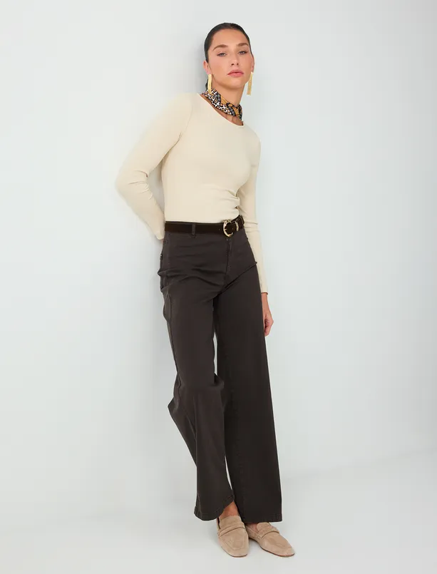 Women Brown High-Waisted, Wide-Leg Cotton Stretch Pants