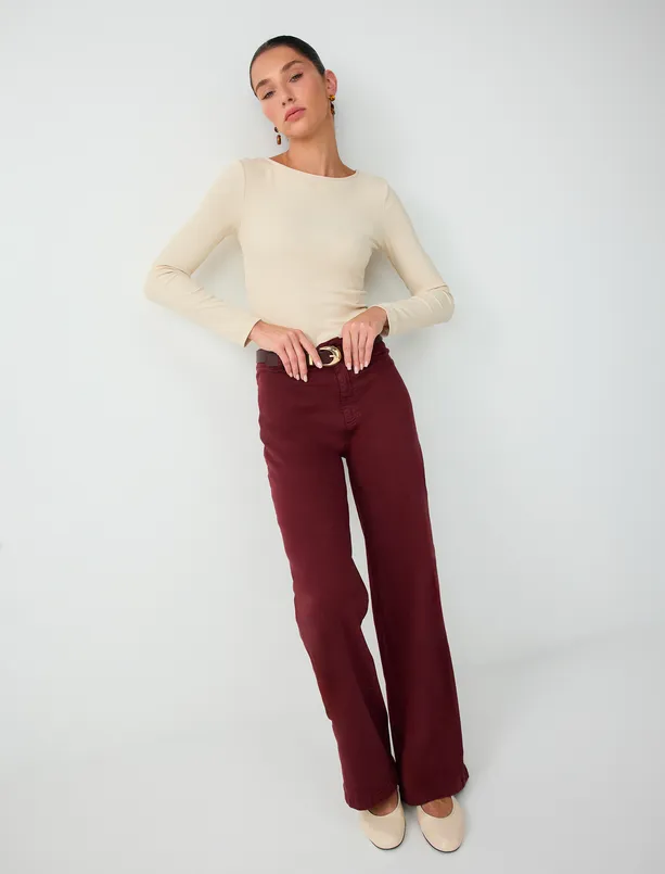 Women Claret Red High-Waisted, Wide-Leg Cotton Stretch Pants
