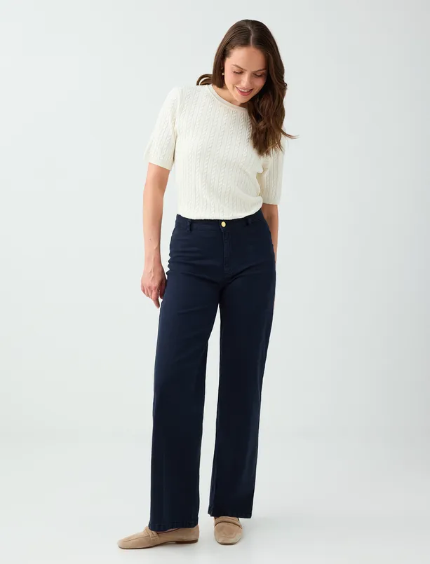 Women Dark Blue High-Waisted, Wide-Leg Cotton Stretch Pants