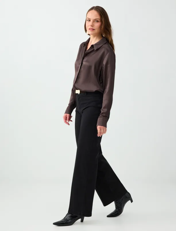 Women Black High-Waisted, Wide-Leg Cotton Stretch Pants