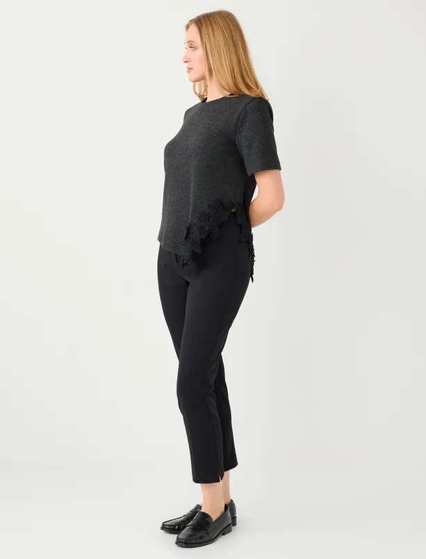 Women Black High-Waisted Pants with Zipper and Cuffed Legs