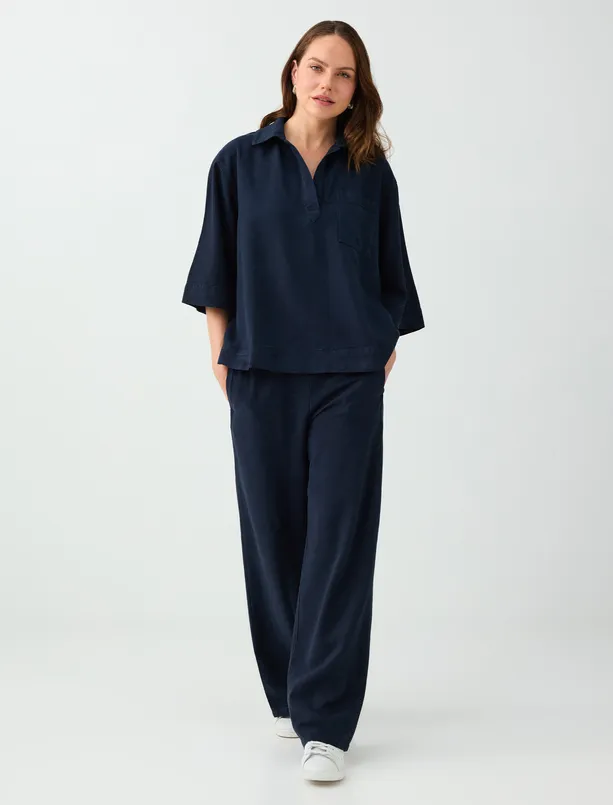 Women Dark Blue 100% Tencel Pants with Pocket Details