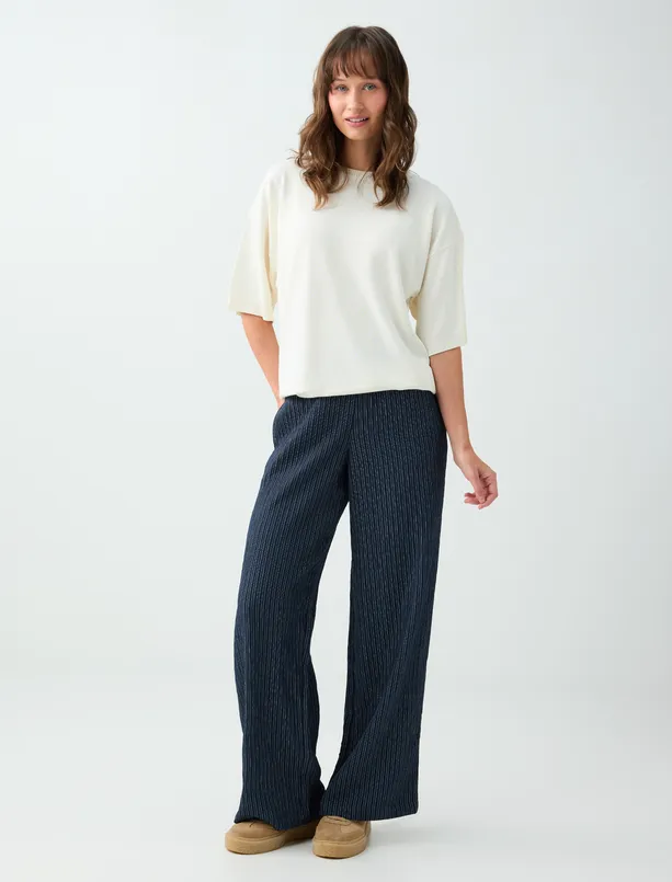 Women Dark Blue Elastic-Waist Glitter-Striped Pants
