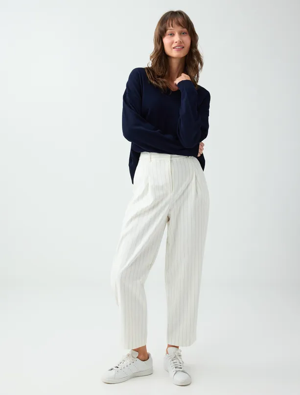Women  Canvas Pants with Detailed Cuffs and a Striped Pattern