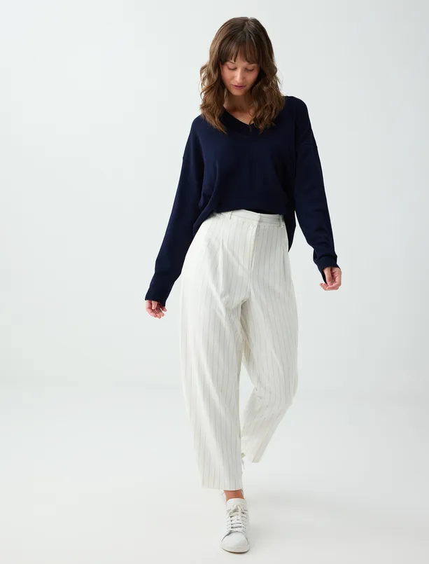 Women White Canvas Pants with Detailed Cuffs and a Striped Pattern