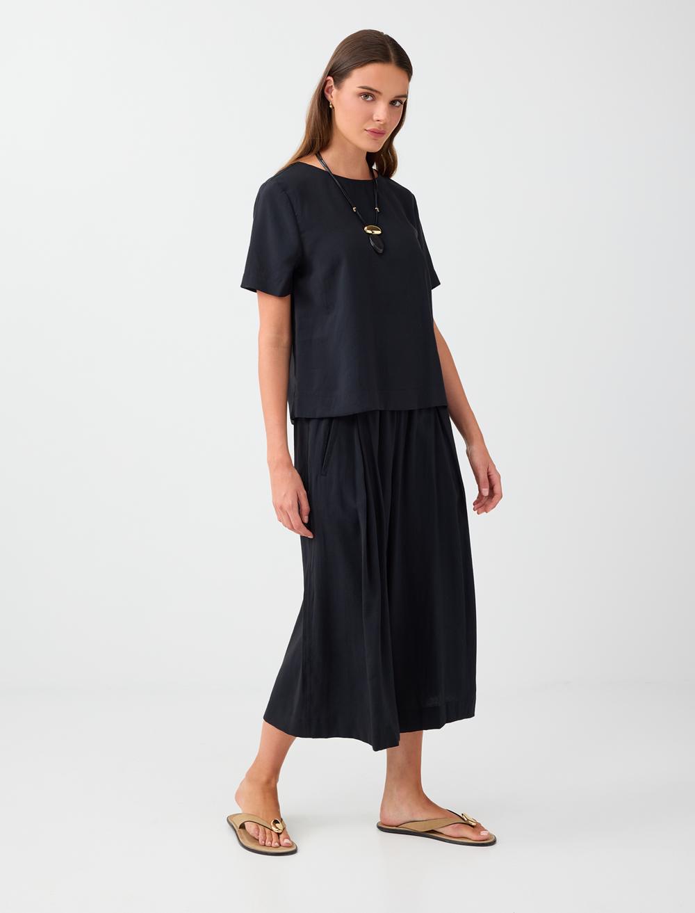 Beli Lastikli Bol Paça Midi Modal Pantolon