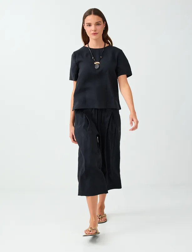 Women Black Elastic-Waist, Wide-Leg Midi Modal Pants