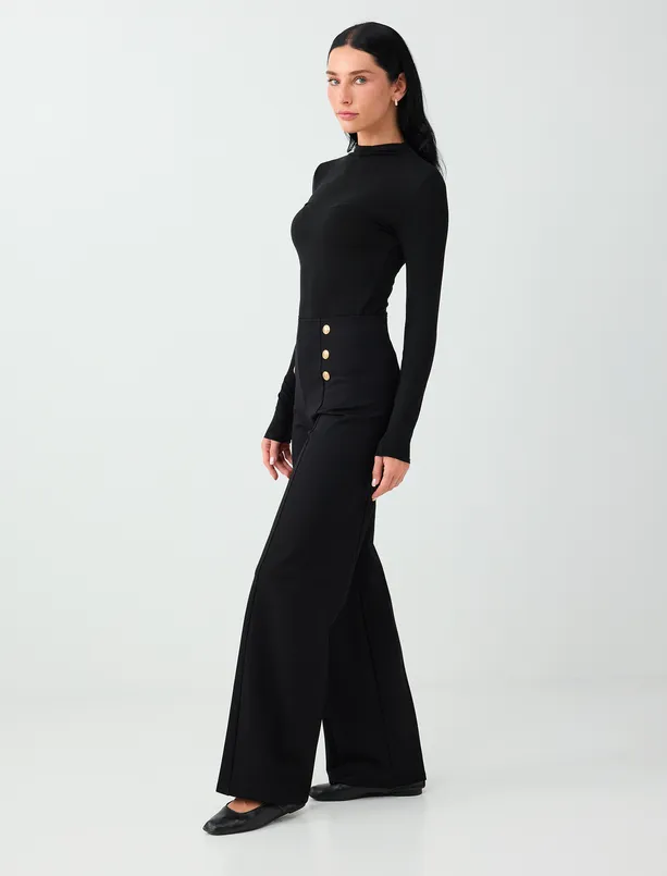 Women Black Straight-Leg Pants with Metal Button Accents