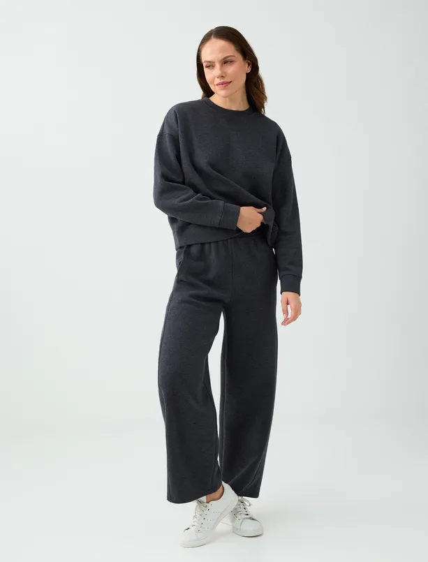 Women Anthracite Melange Cotton Fleece Pants with Detailed Pockets and Wide Legs