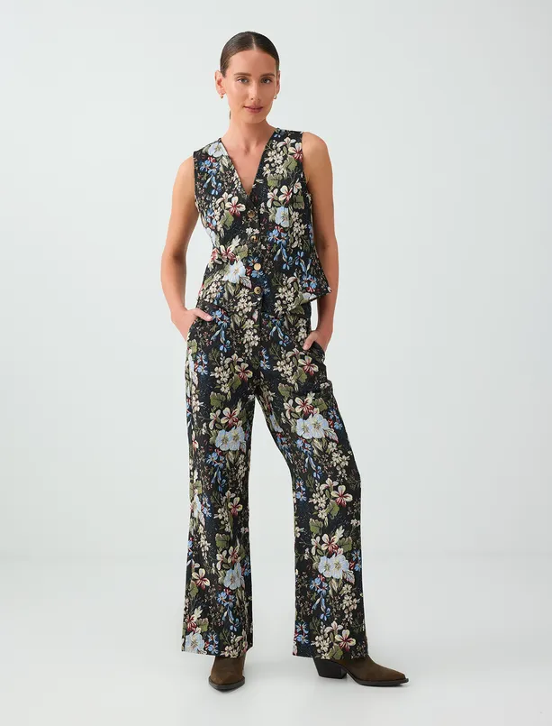 Bayan  Floral Desenli Jakarlı Dokuma Pantolon