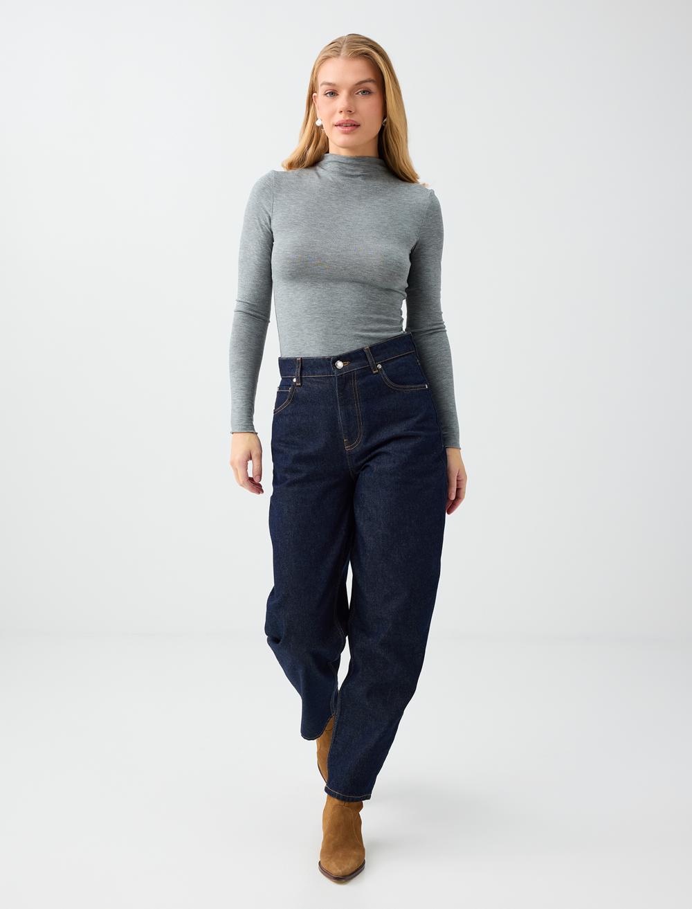 %100 Pamuk Yüksek Bel Barrel Fit Denim Pantolon
