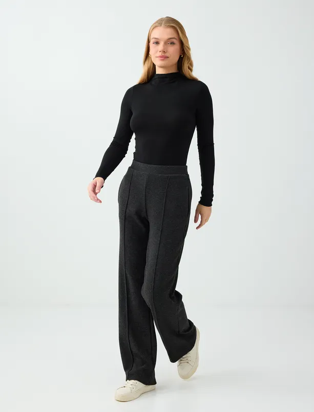 Women Dark Anthracite Straight-Cut Soft Touch Pants with Stitching Details