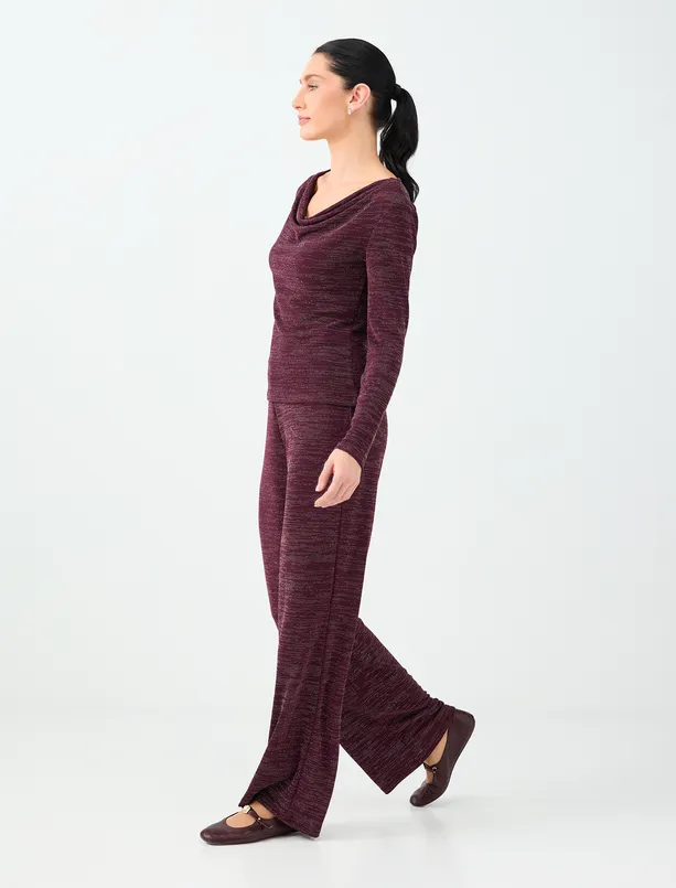Women Claret Red High-Waisted, Wide-Leg, Sequin-Detailed Long Pants
