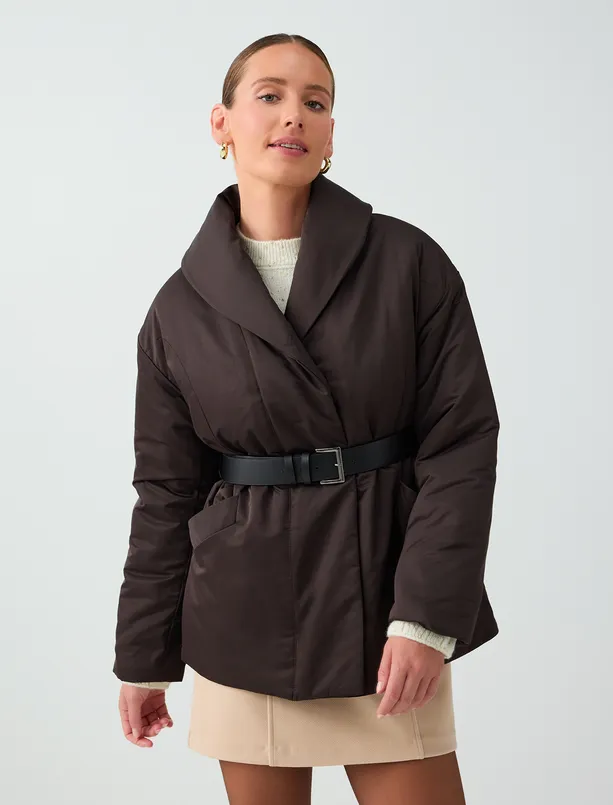 Women  Straight-Cut Puffer Jacket with Belt Detail
