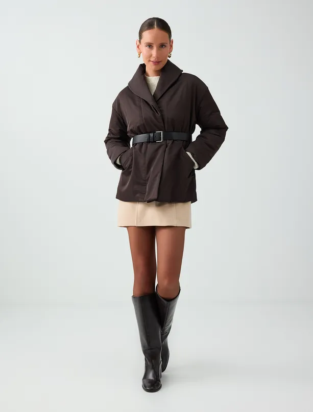 Women Brown Straight-Cut Puffer Jacket with Belt Detail