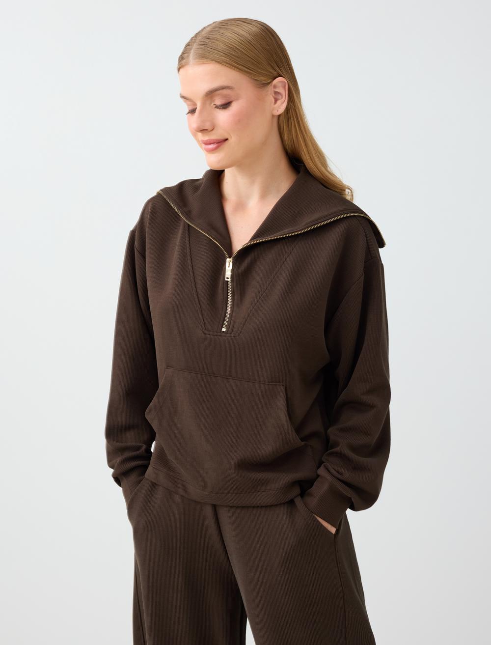 Dik Yaka Fermuar Detaylı Modal Sweatshirt