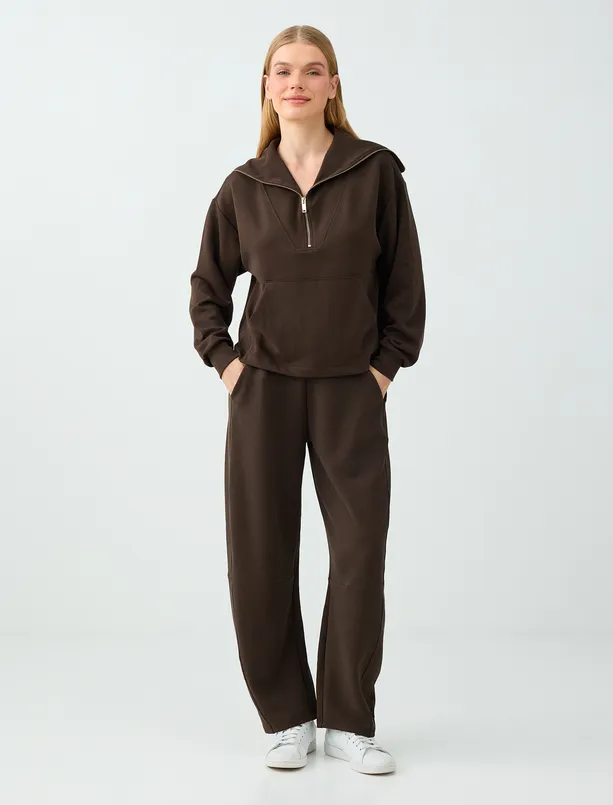 Bayan Kahverengi Dik Yaka Fermuar Detaylı Modal Sweatshirt