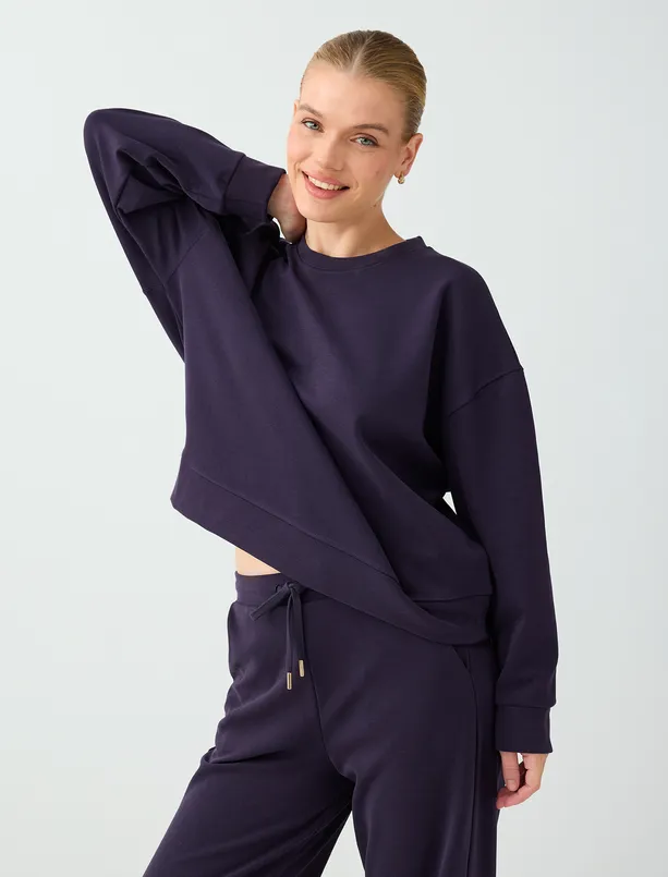 Bayan  Yuvarlak Yaka Düz Kesim Modal Sweatshirt