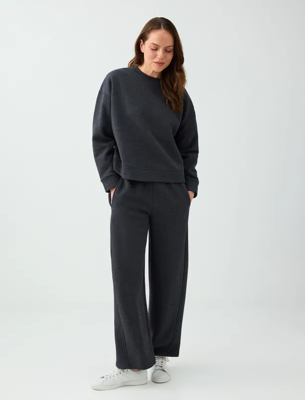 Bayan Antrasit Melanj Bisiklet Yaka Uzun Kol Polar Sweatshirt