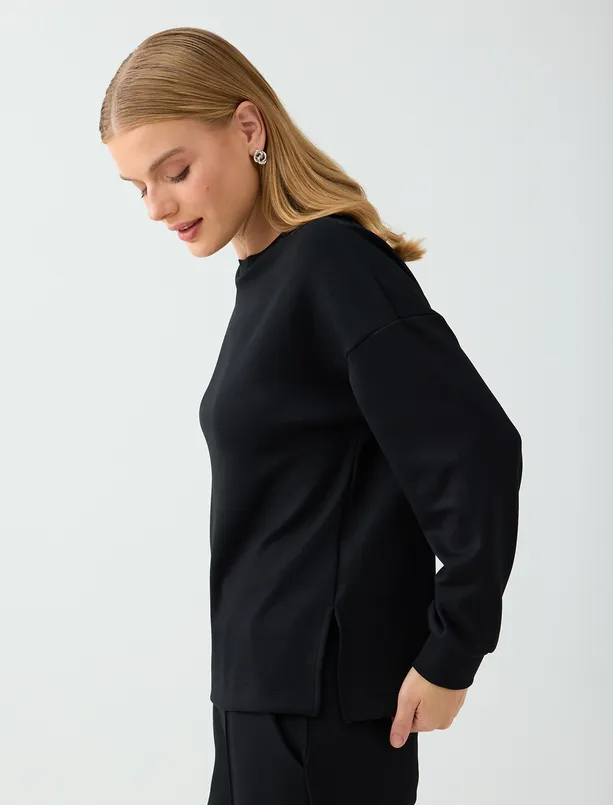 Women Black Relaxed-Fit Crew-Neck Modal Sweatshirt