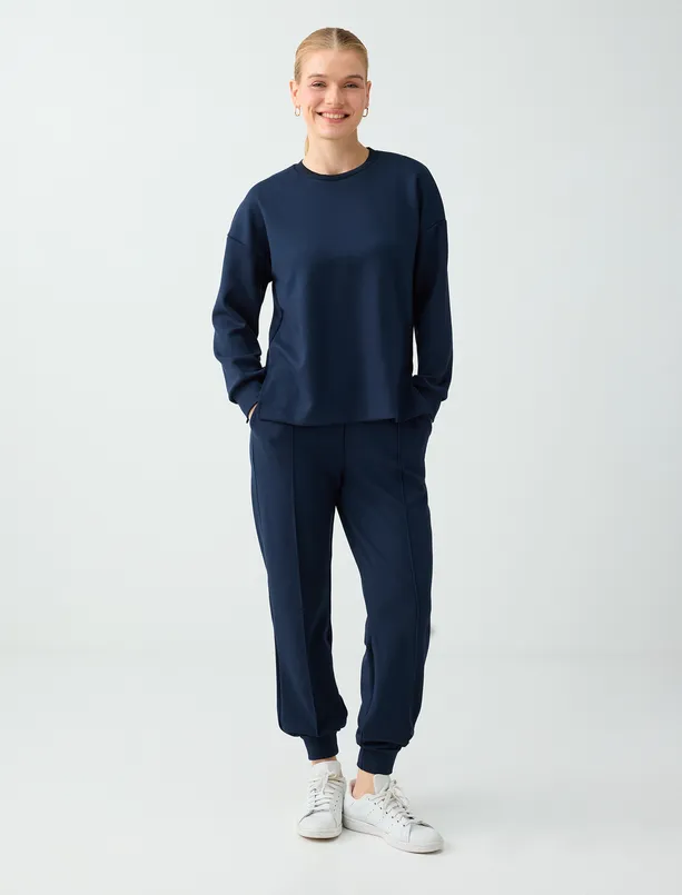 Bayan Lacivert Rahat Kesim Bisiklet Yaka Modal Sweatshirt