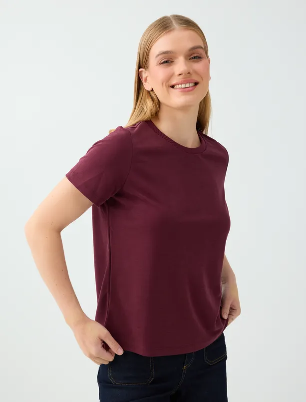 Women Claret Red Round-Neck Short-Sleeve Modal T-Shirt