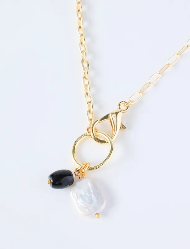 Bayan Sarı İnci Charm Detaylı Modern Kolye