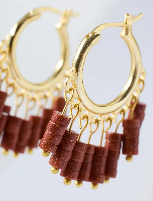 Women Brown Natural Stone Beaded Hoop Earrings with Detailed Design