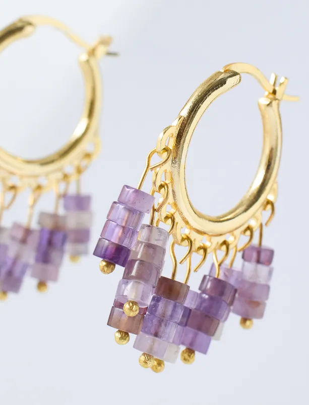 Women Purple Natural Stone Beaded Hoop Earrings with Detailed Design