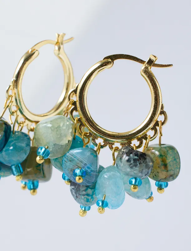Women Blue Natural Stone Detailed Dangle Hoop Earrings