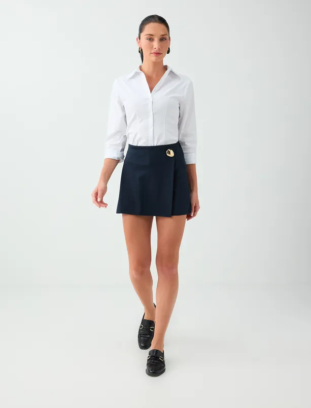 Women Dark Blue Short Skirt with Metal Accents
