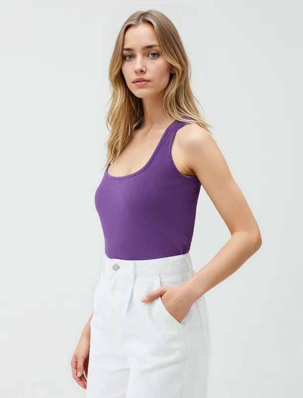 Bayan Mor Dar Kesim Kare Yaka Örme Atlet