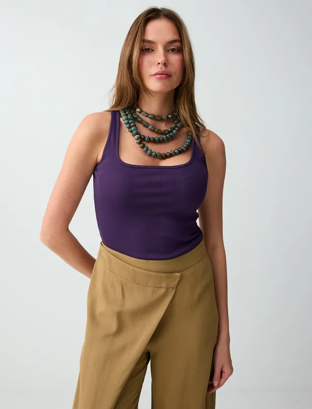 Women Purple Slim Fit Square Neck Knitted Tank Top